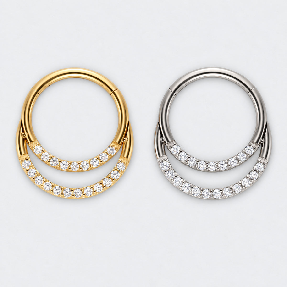 Double Hooped with Front Facing CZ Hinged Segment Ring in Silver - Titanium