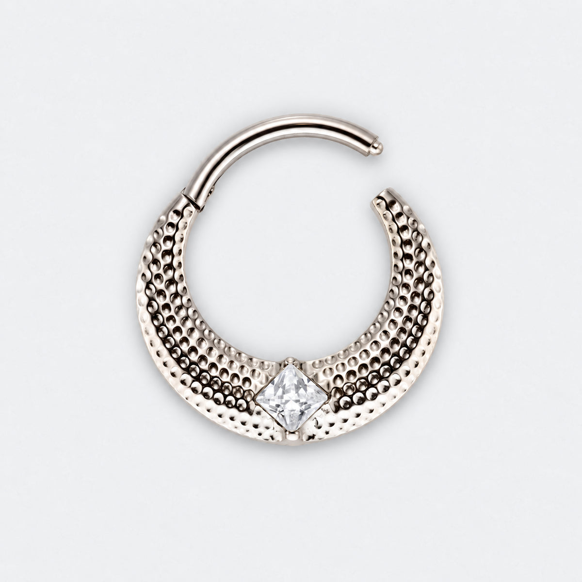 Large Bumped Cut with CZ Centre Hinged Segment Hoop Clicker Ring in Silver - Titanium