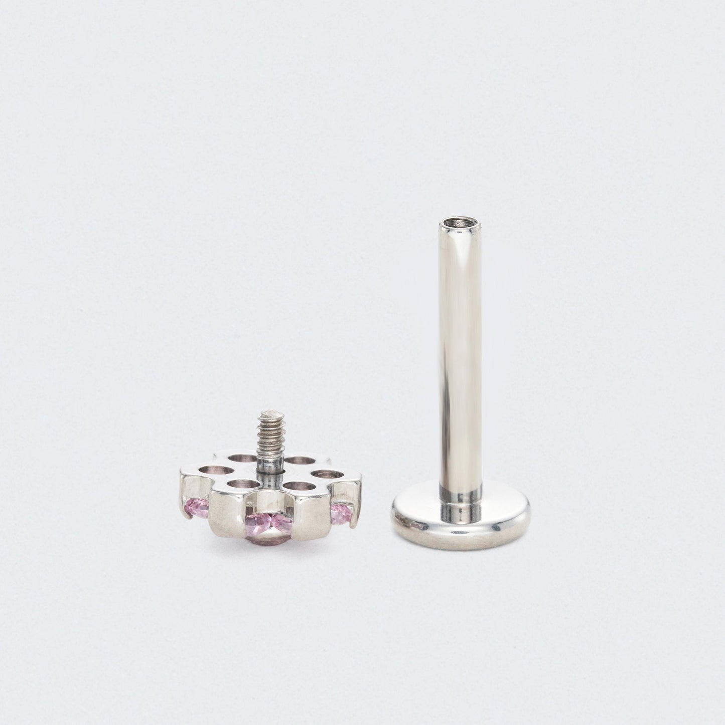 Bezel Flower Pink CZ Labret in Silver - Titanium