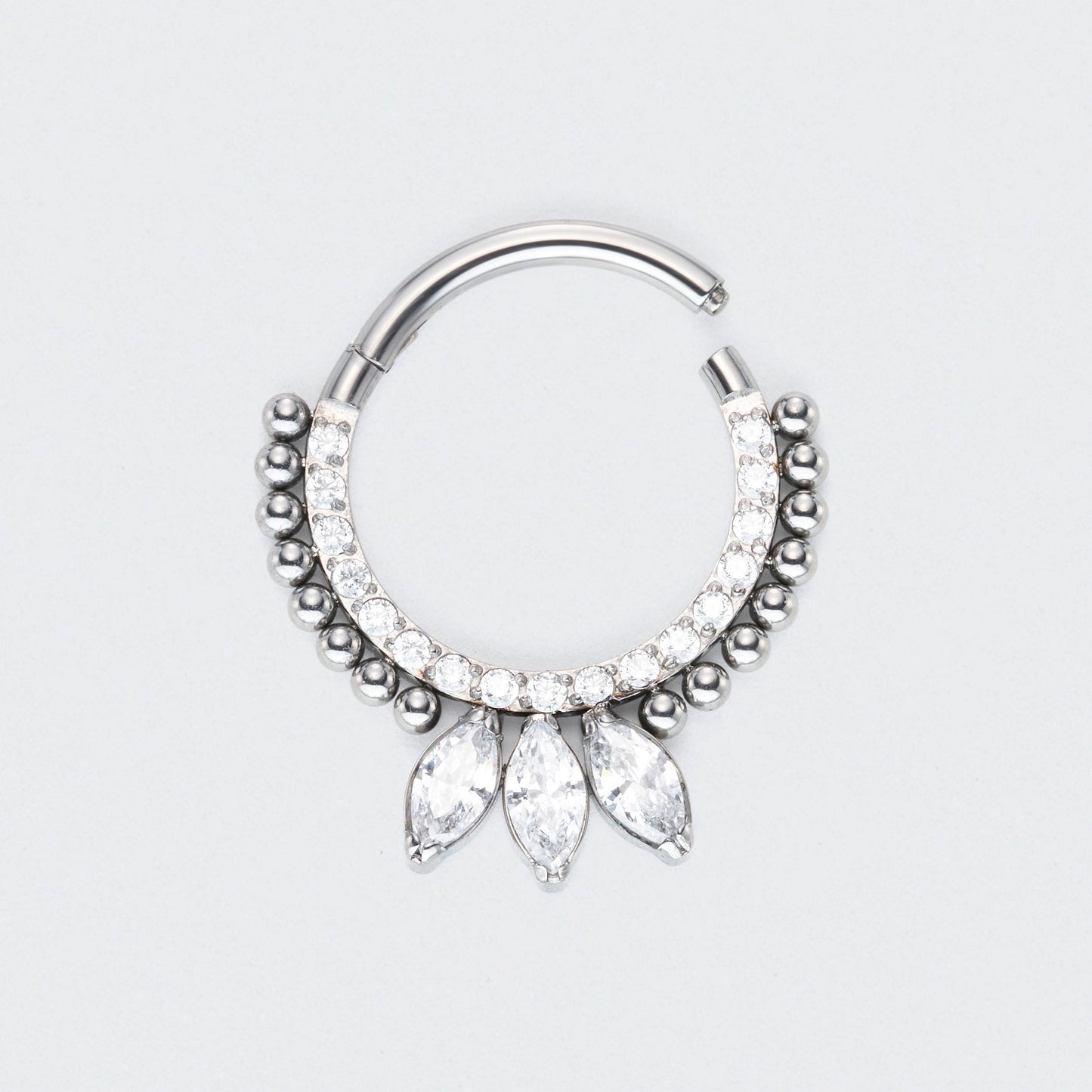 CZ Paved Front and 3 Marquise CZ Blaze Set Hinged Segment Ring in Silver - Titanium