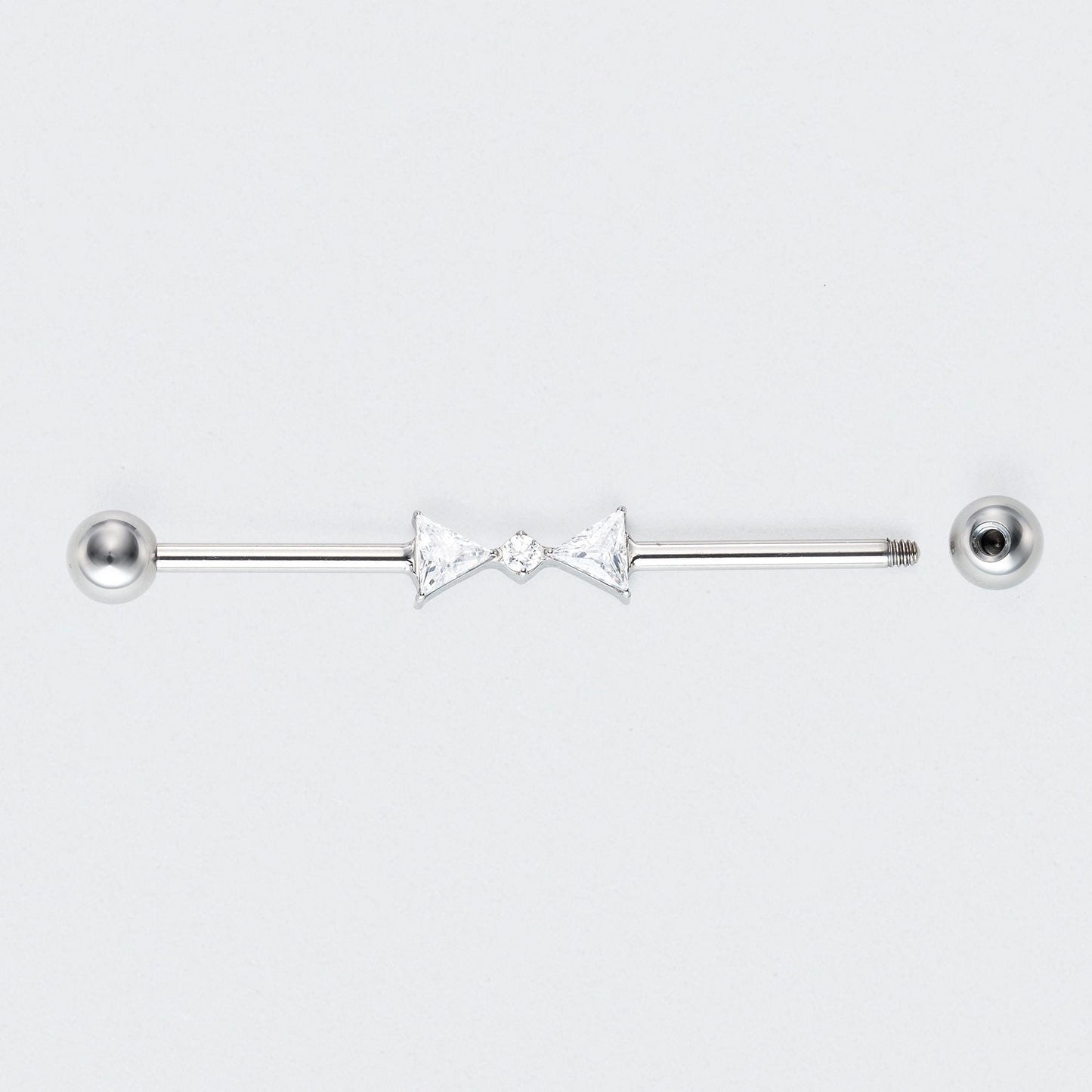 Double Triangle CZ with CZ Centre Pole Industrial Barbell in Silver - Titanium