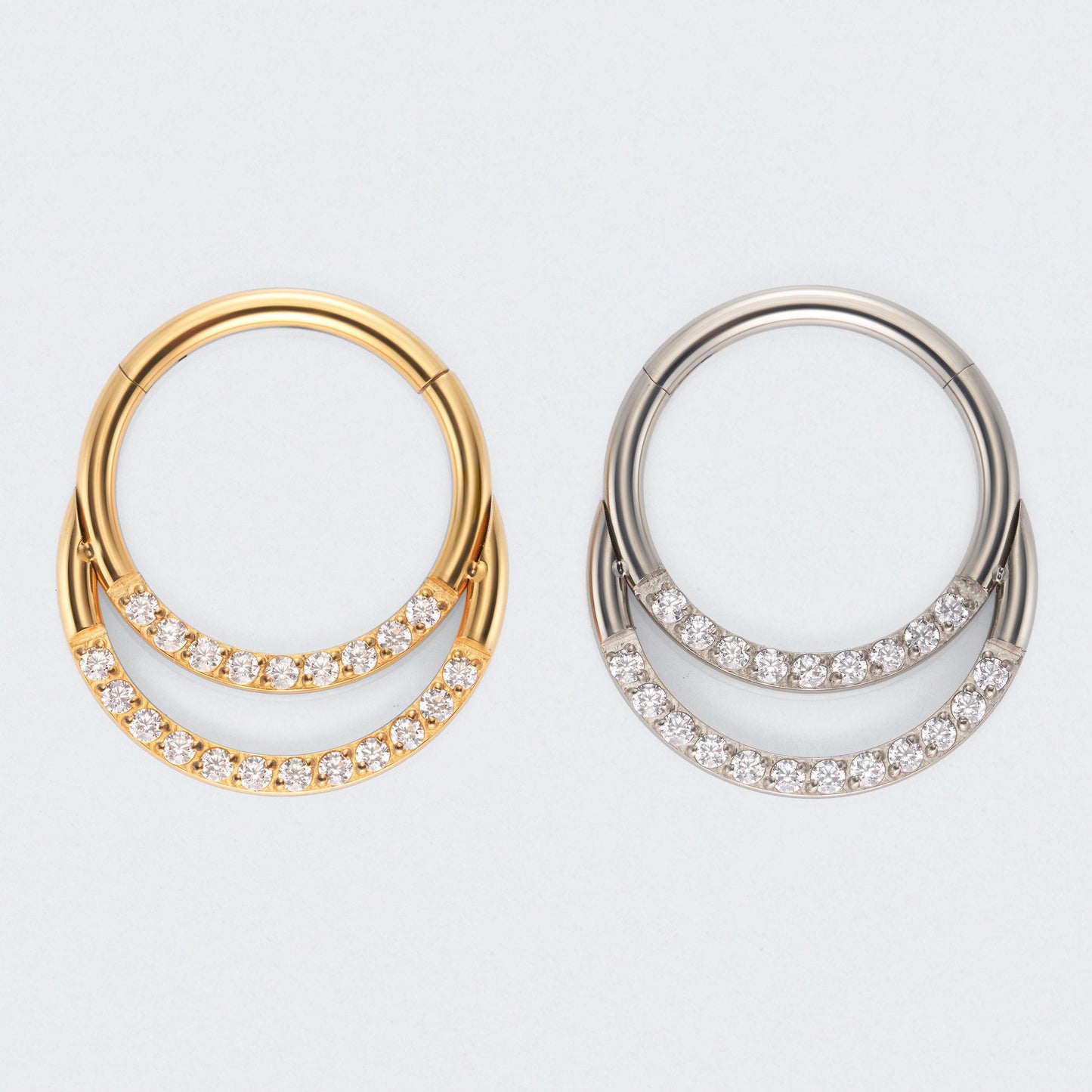Double Hooped CZ Front Facing Hinged Segment Ring in Gold - Titanium