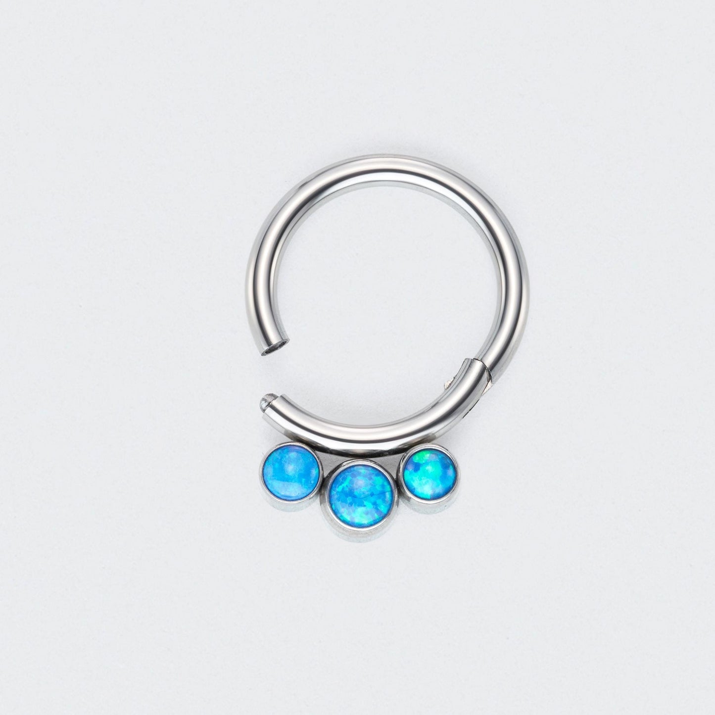 3 Blue Opal Jewels Front Facing Hinged Segment Hoop Ring in Silver - Titanium