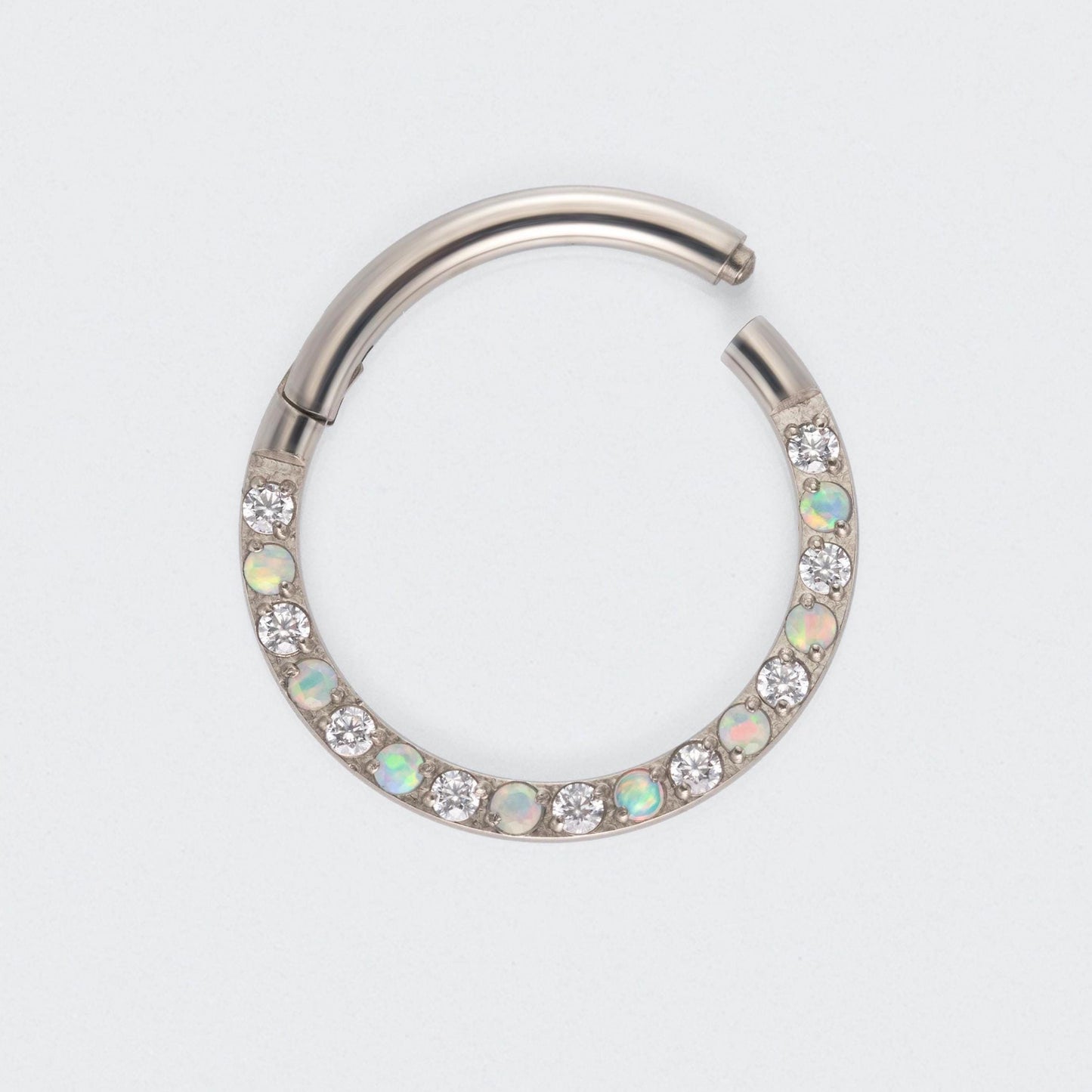 White Opal & Clear CZ Front Facing Hinged Segment Clicker Ring in Silver - Titanium