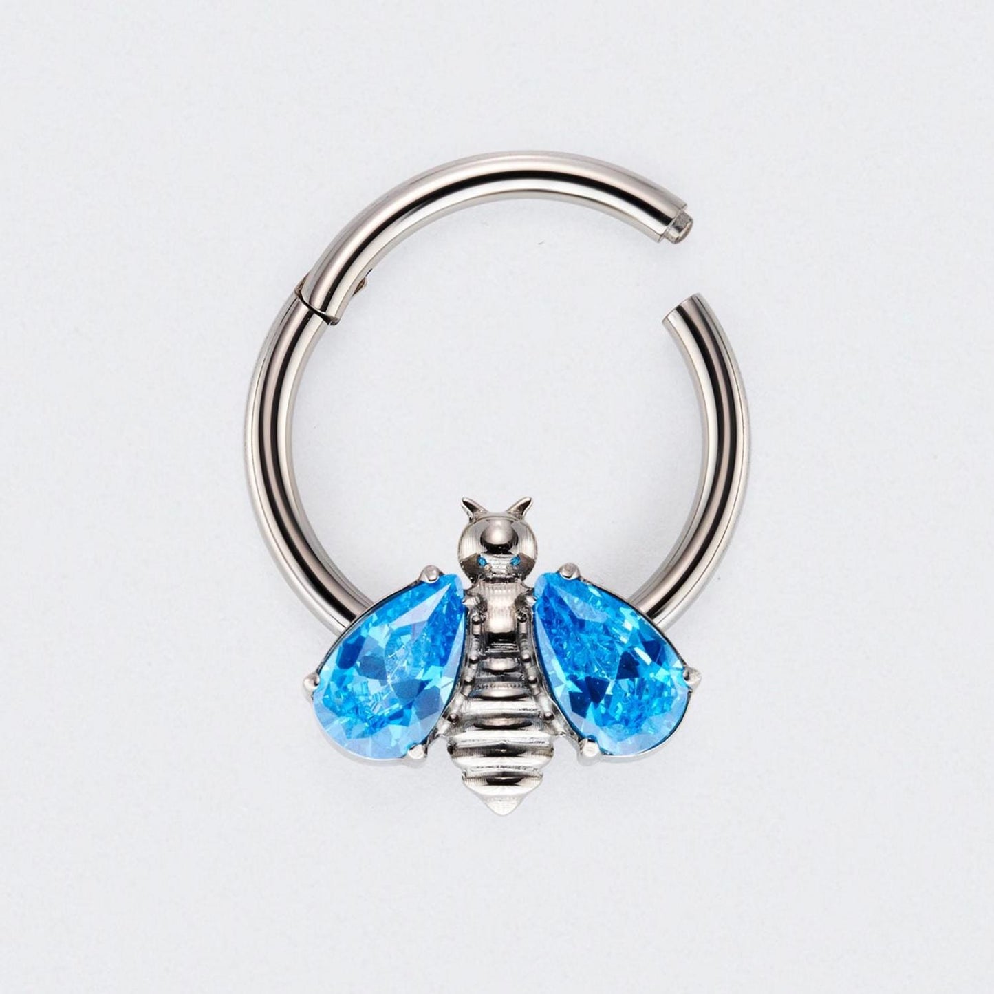 Bee Blue CZ Stone Wings Top Hinged Segment Clicker in Silver - Titanium