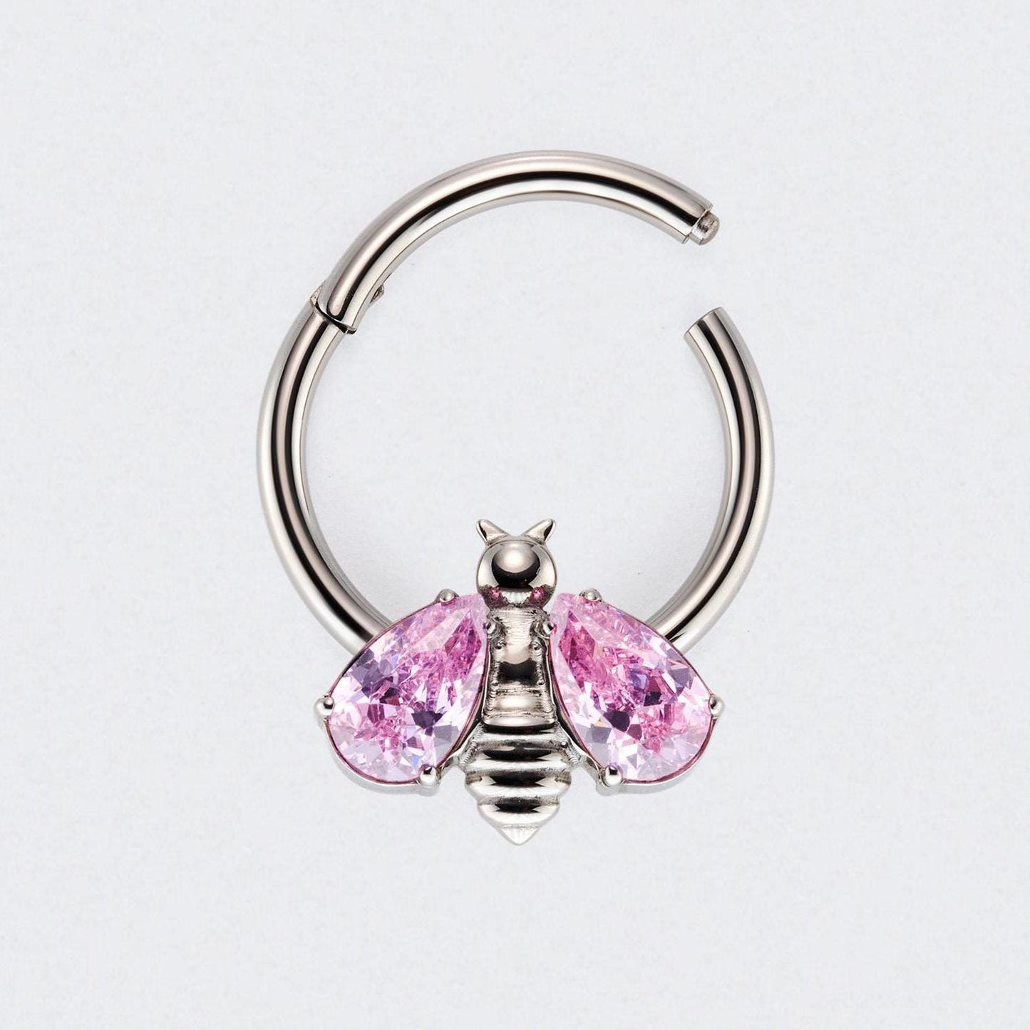 Bee Pink CZ Stone Wings Top Hinged Segment Hoop Clicker Ring in Silver - Titanium
