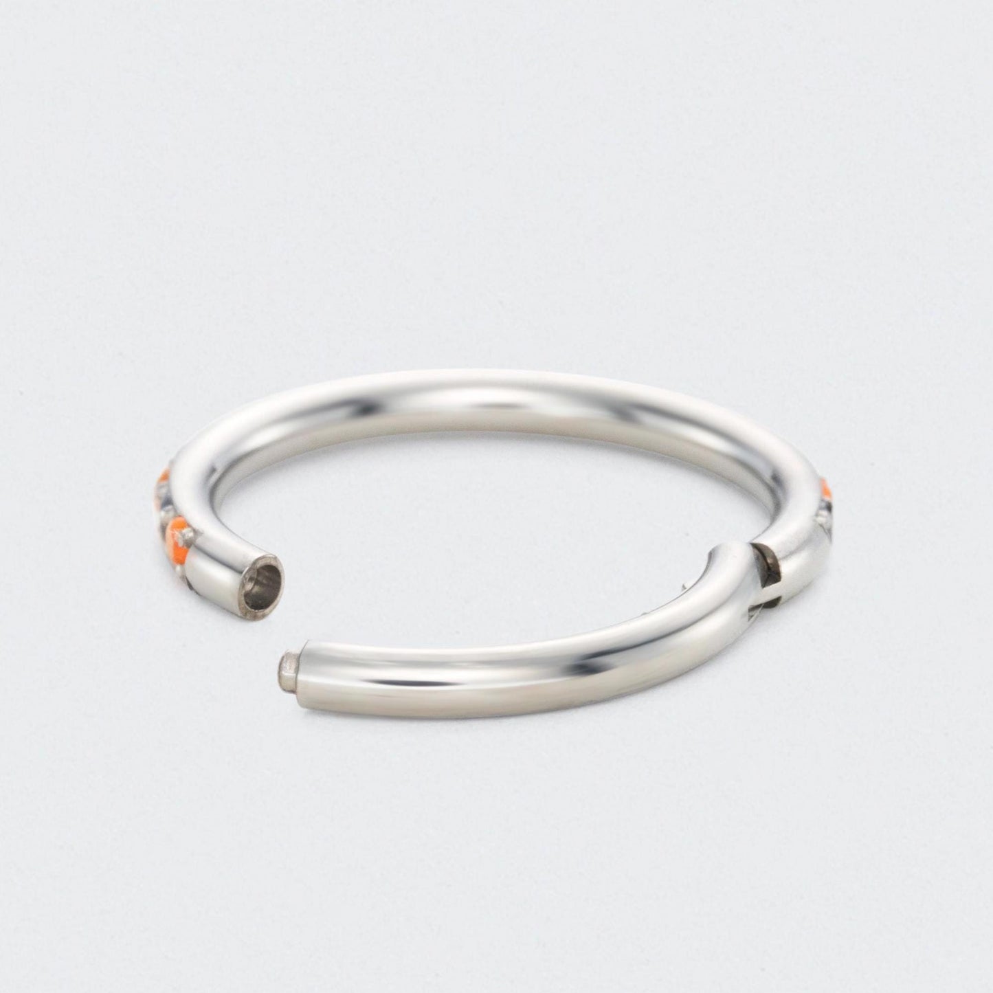 Orange and Black Side Facing Paved Hinged Segment Hoop Ring in Silver - Titanium