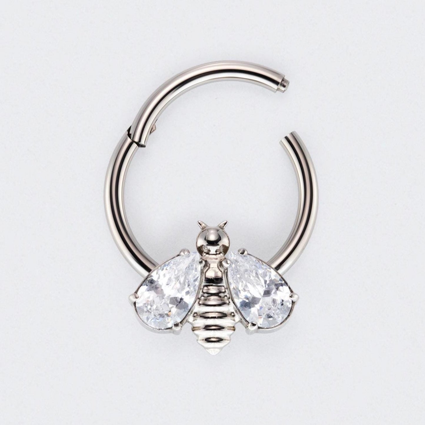 Bee Clear CZ Stone Wings Top Hinged Segment Hoop Clicker Ring in Silver - Titanium
