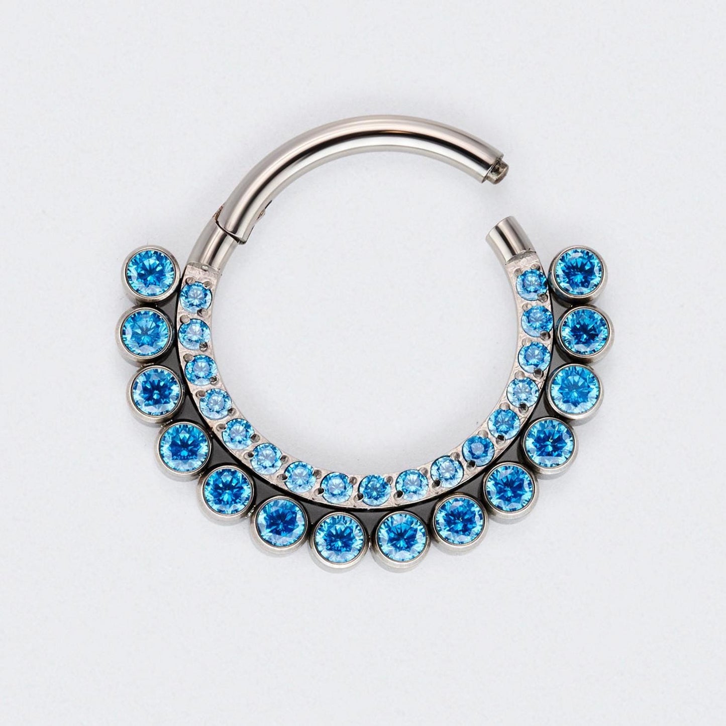 Aqua Double CZ Crystal Paved Face Hoop Earrings in Silver - Titanium
