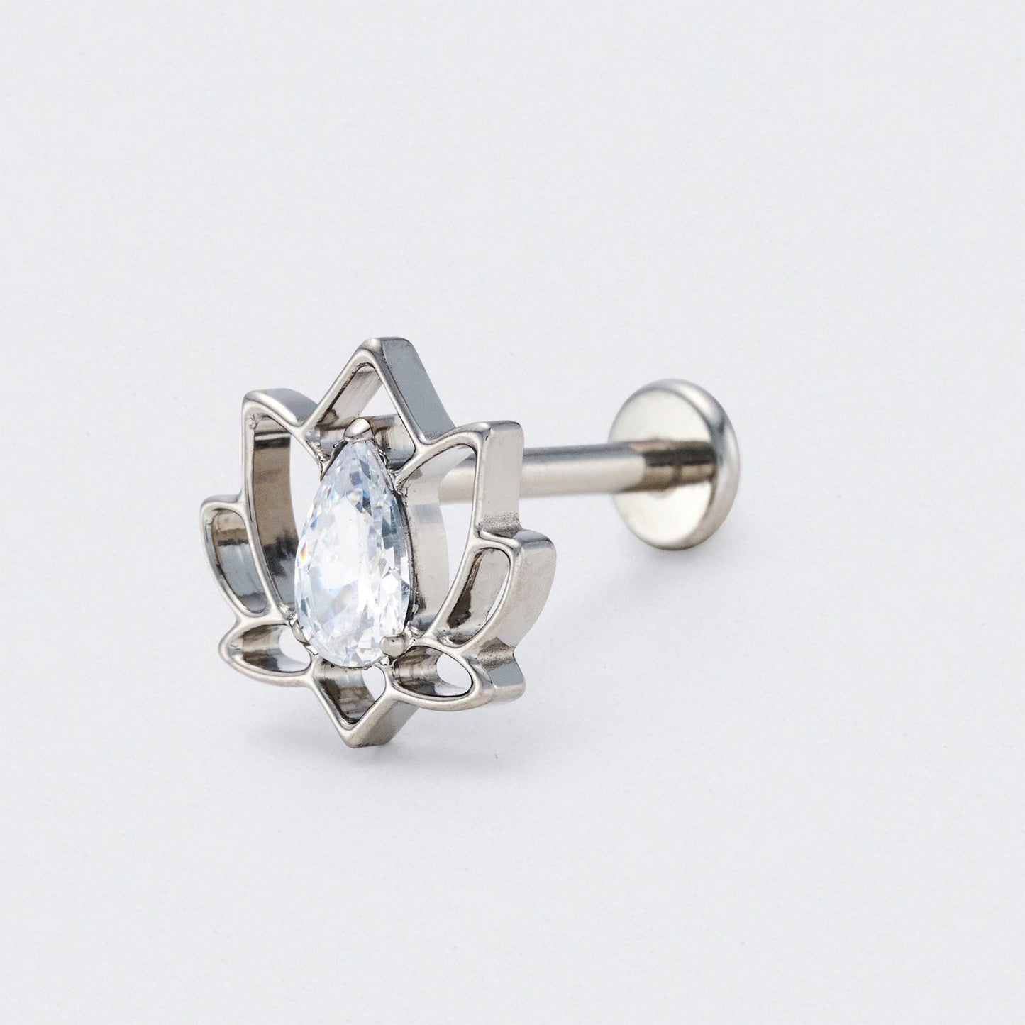 Lotus Flower with CZ Centre Labret in Silver - Titanium