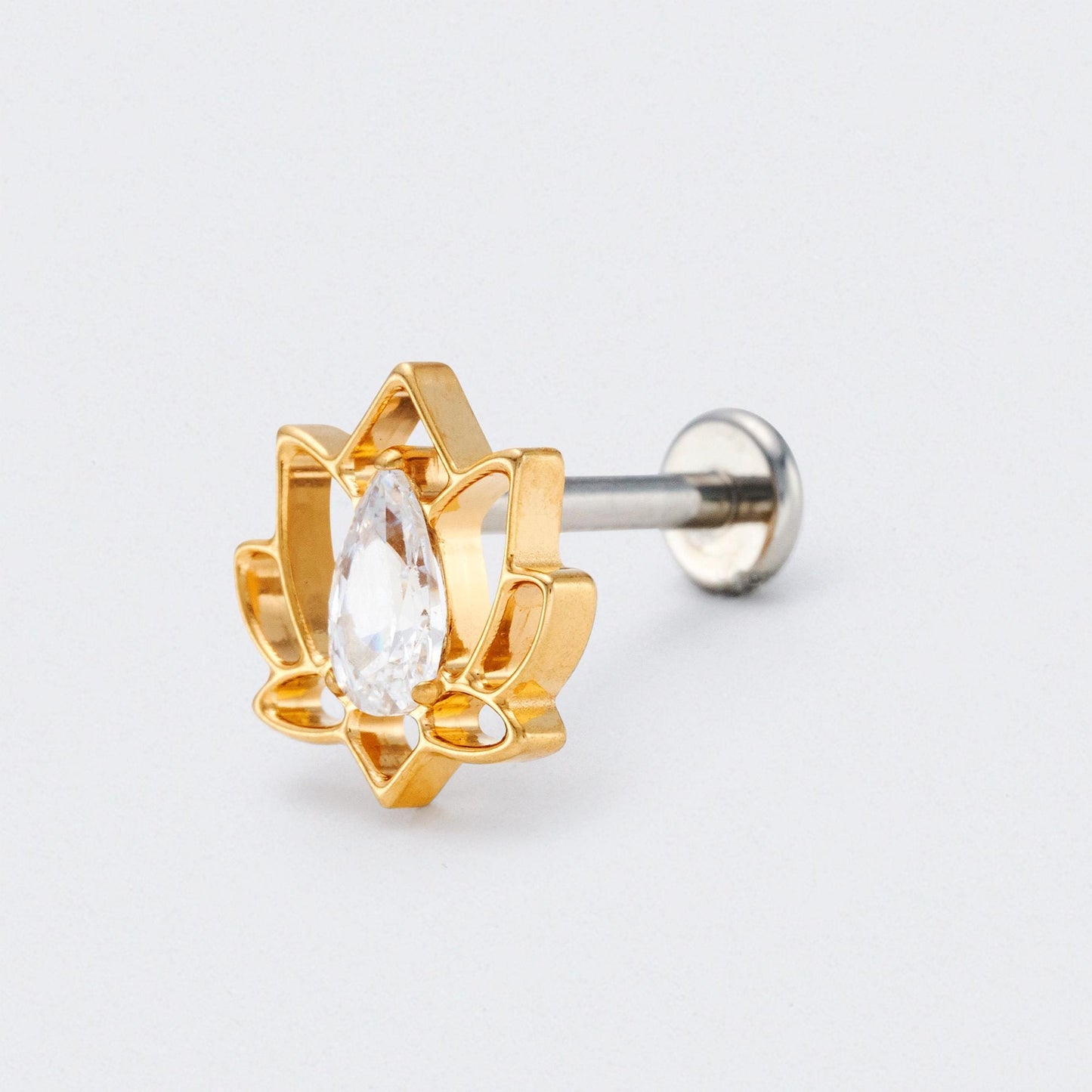 Lotus Flower with CZ Centre Labret in Gold - Titanium