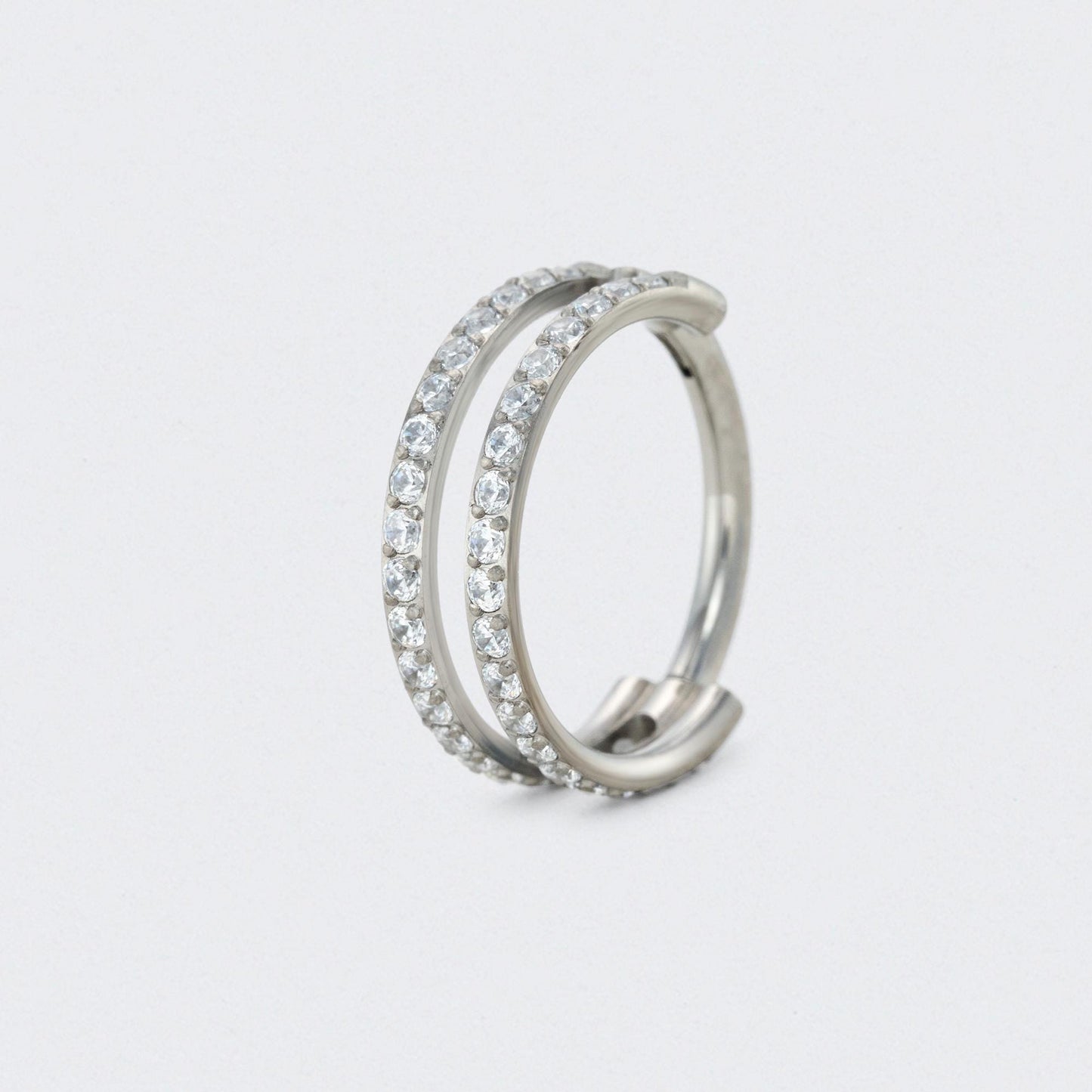 Luna Dual Halo Double CZ Side Paved Hinged Segment Hoop in Silver - Titanium