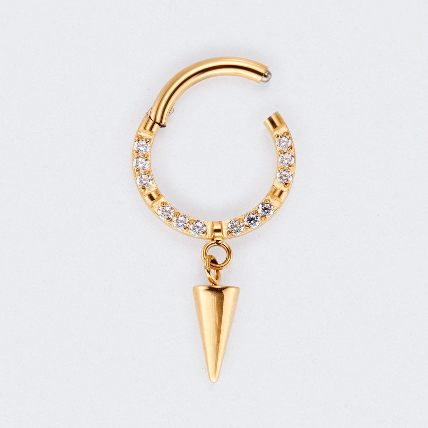 Spike Dangle CZ Front Facing Segment Hoop Ring in Gold - Titanium