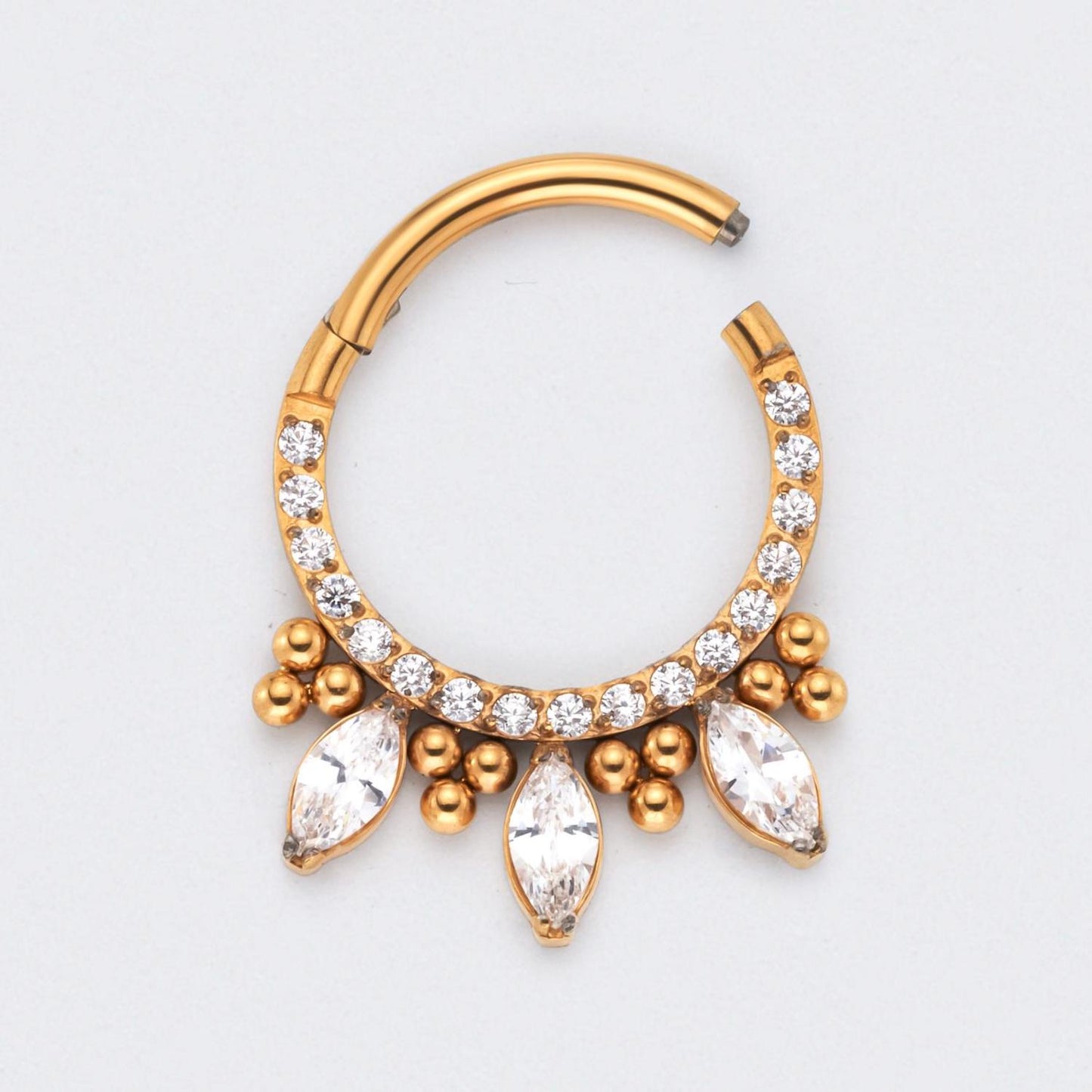 CZ Front face with 3 Marquise CZ and Bead Cluster Segment Hoop in Gold - Titanium