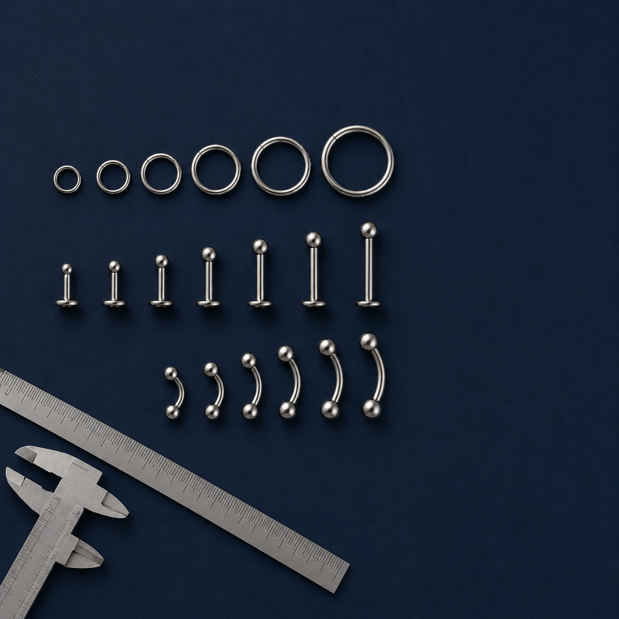 Body jewellery size chart UK: gauge, diameter and length measurements for implant-grade titanium piercing jewellery, Oxies Body Jewellery