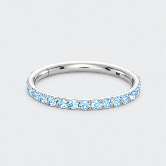 Aqua CZ Side Facing Paved Hinged Segment Hoop Ring in Silver - Titanium