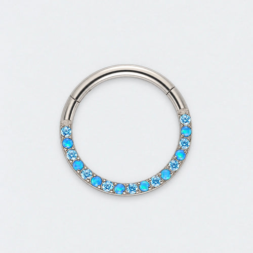 Aqua & Blue Opal Front Facing Segment Clicker Ring in Silver - Titanium