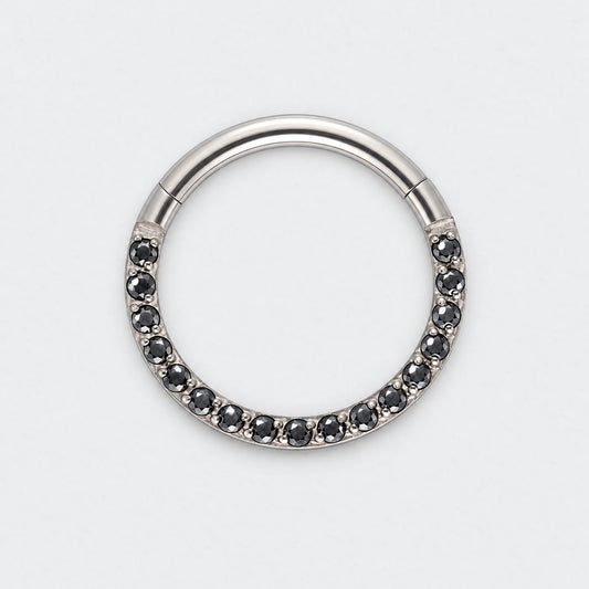 Black CZ Front Facing Hinged Segment Clicker Ring in Silver - Titanium