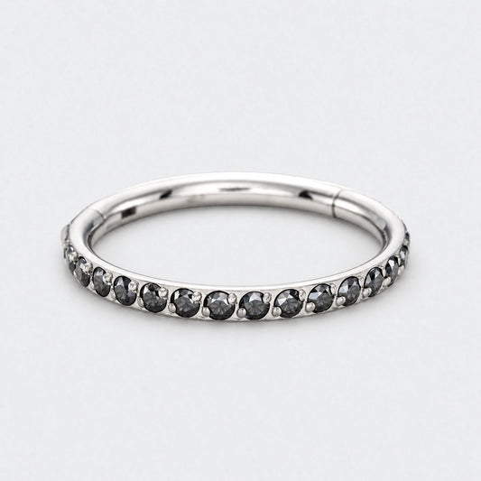 Black CZ Side Facing Paved Hinged Segment Hoop Ring in Silver - Titanium