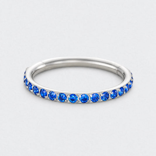 Blue CZ Side Facing Paved Hinged Segment Hoop Ring in Silver - Titanium
