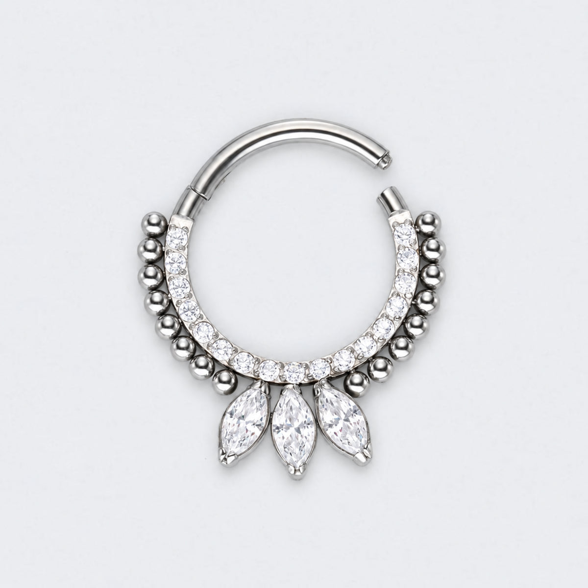 CZ Paved Front and 3 Marquise CZ Blaze Set Hinged Segment Ring in Silver - Titanium