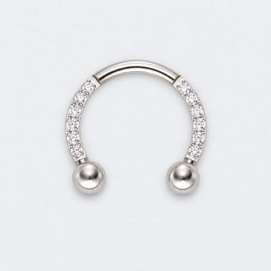 Circular Barbell with Balls CZ Front Facing Horseshoe in Silver - Titanium