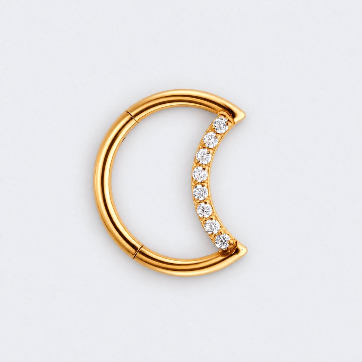 Crescent Moon Shaped with CZ Paved Hinged Segment Hoop Clicker Ring in Gold - Titanium
