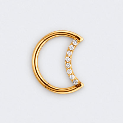 Crescent Moon Shaped with CZ Paved Hinged Segment Hoop Clicker Ring in Gold - Titanium