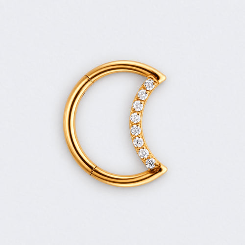 Crescent Moon Shaped with CZ Paved Hinged Segment Hoop Clicker Ring in Gold - Titanium