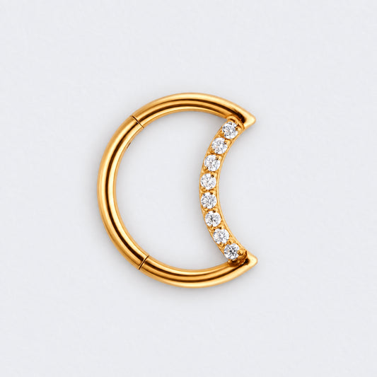 Crescent Moon Shaped with CZ Paved Hinged Segment Hoop Clicker Ring in Gold - Titanium