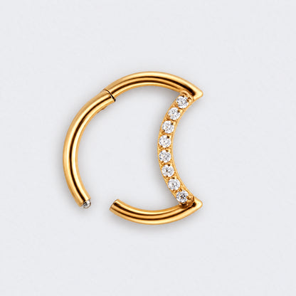 Crescent Moon Shaped with CZ Paved Hinged Segment Hoop Clicker Ring in Gold - Titanium