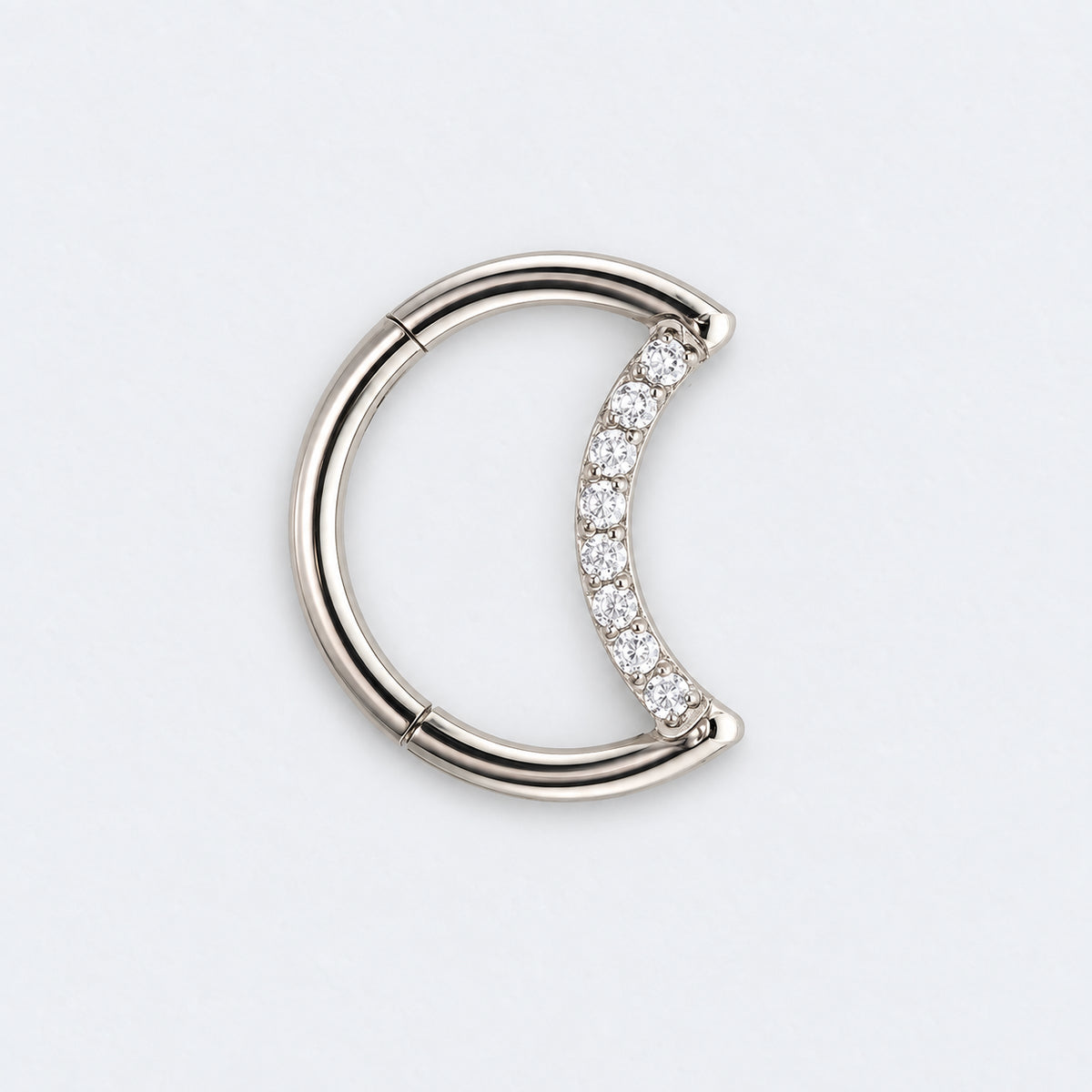 Crescent Moon Shaped with CZ Paved Hinged Segment Hoop Clicker Ring in Silver - Titanium