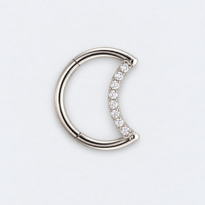 Crescent Moon Shaped with CZ Paved Hinged Segment Hoop Clicker Ring in Silver - Titanium