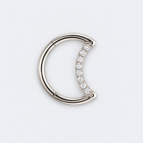 Crescent Moon Shaped with CZ Paved Hinged Segment Hoop Clicker Ring in Silver - Titanium
