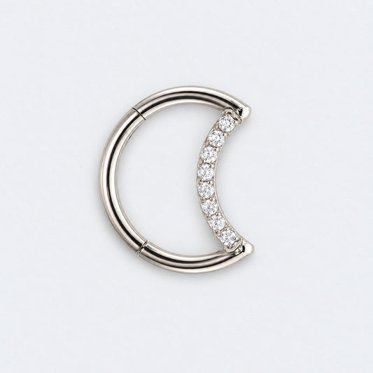 Crescent Moon Shaped with CZ Paved Hinged Segment Hoop Clicker Ring in Silver - Titanium