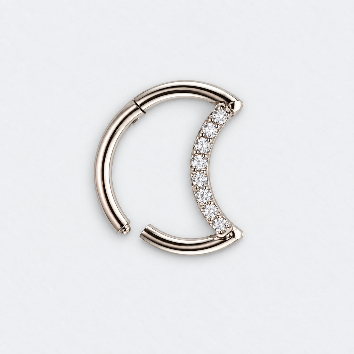 Crescent Moon Shaped with CZ Paved Hinged Segment Hoop Clicker Ring in Silver - Titanium