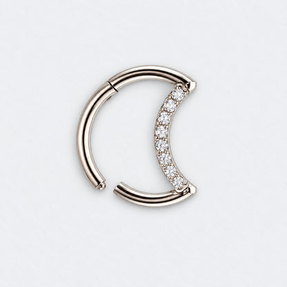 Crescent Moon Shaped with CZ Paved Hinged Segment Hoop Clicker Ring in Silver - Titanium