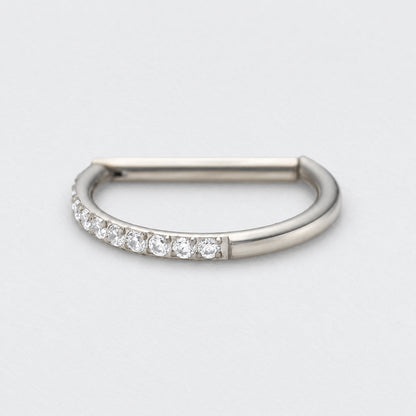 D Shape Half Side CZ Paved Hinged Segment Clicker Ring in Silver - Titanium