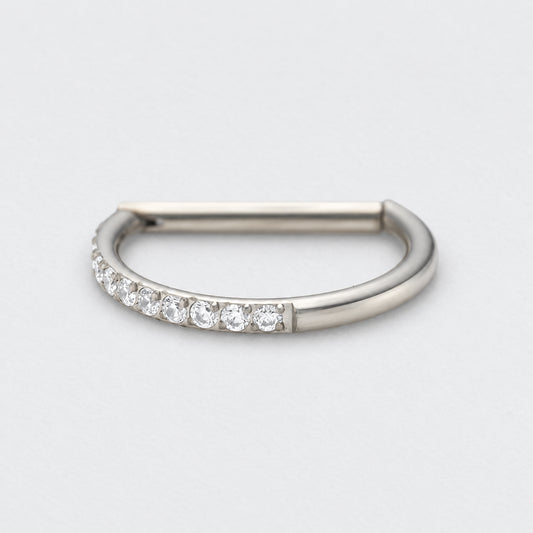 D Shape Half Side CZ Paved Hinged Segment Clicker Ring in Silver - Titanium