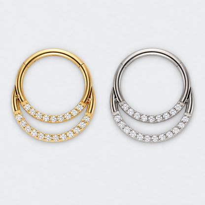 Double Hooped with Front Facing CZ Hinged Segment Ring in Silver - Titanium