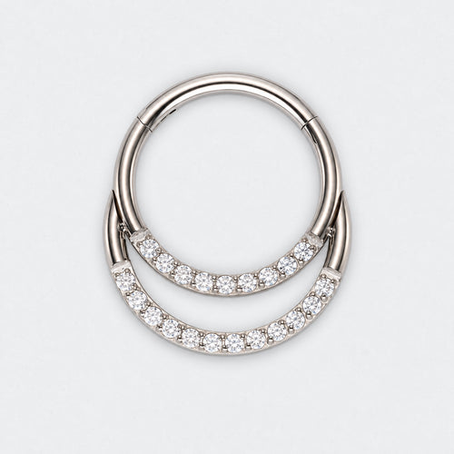 Double Hooped with Front Facing CZ Hinged Segment Ring in Silver - Titanium
