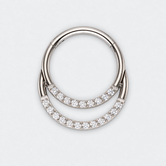 Double Hooped with Front Facing CZ Hinged Segment Ring in Silver - Titanium
