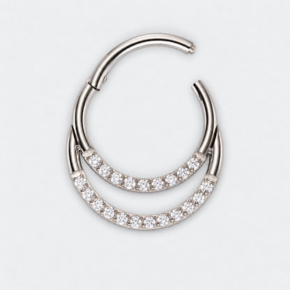 Double Hooped with Front Facing CZ Hinged Segment Ring in Silver - Titanium