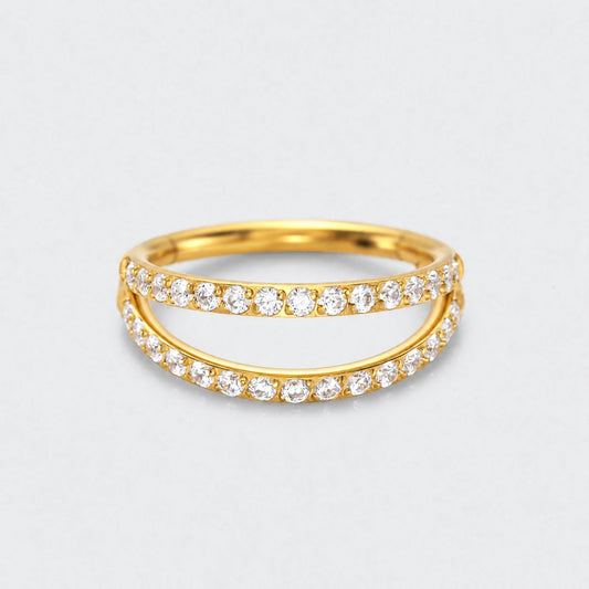 Double Stacked Septum Ring with Front Facing CZ in Gold - Titanium