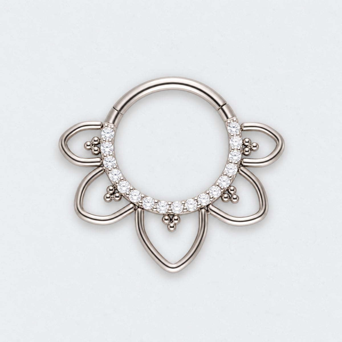 Floral CZ Front Facing Paved Segment Clicker Ring in Silver - Titanium
