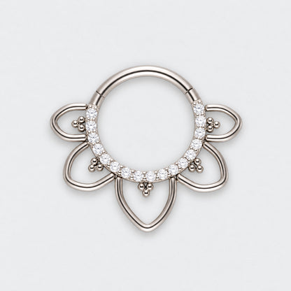 Floral CZ Front Facing Paved Segment Clicker Ring in Silver - Titanium