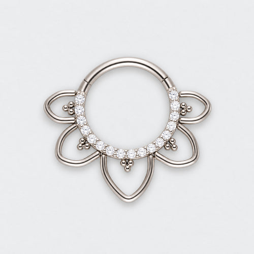 Floral CZ Front Facing Paved Segment Clicker Ring in Silver - Titanium