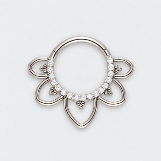 Floral CZ Front Facing Paved Segment Clicker Ring in Silver - Titanium