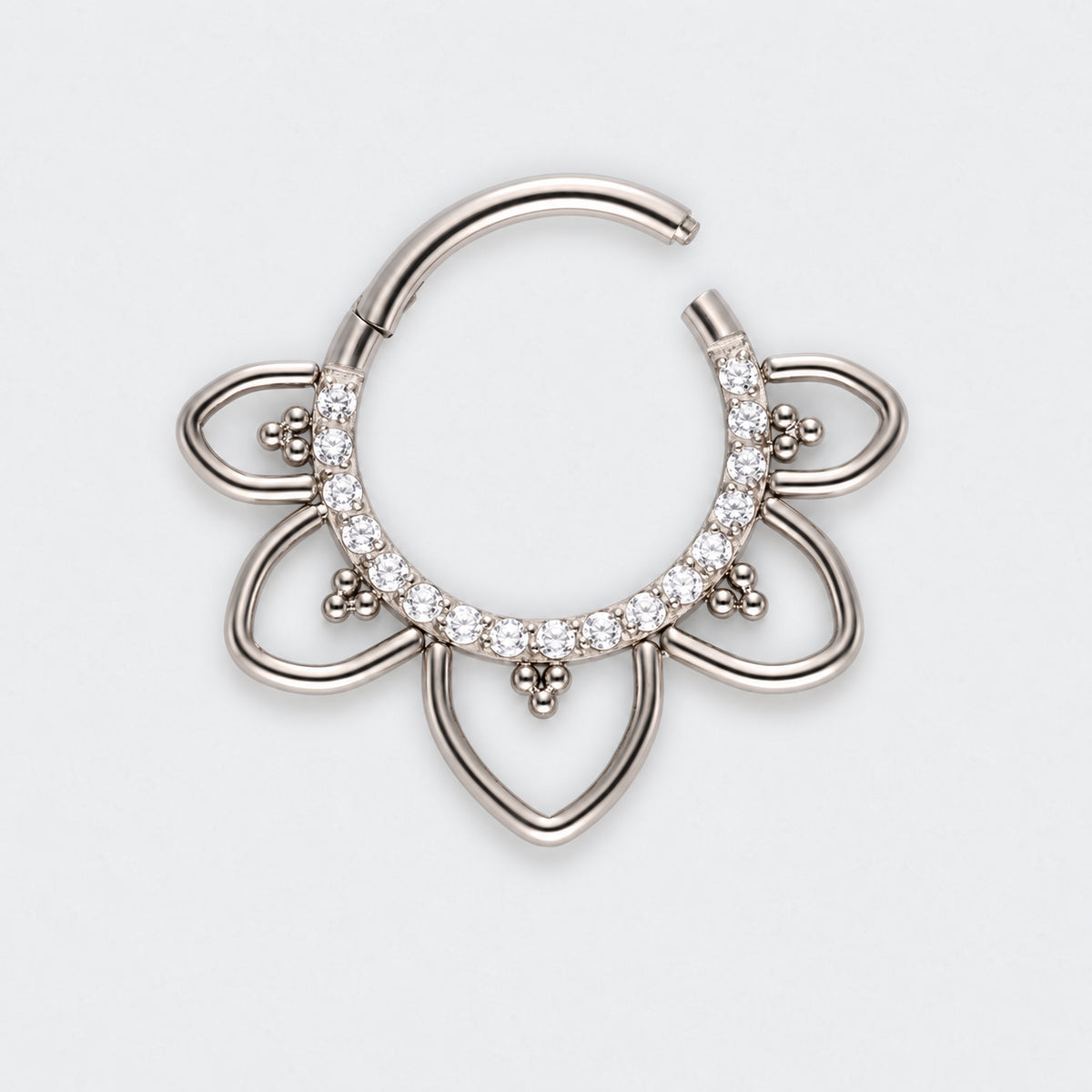 Floral CZ Front Facing Paved Segment Clicker Ring in Silver - Titanium
