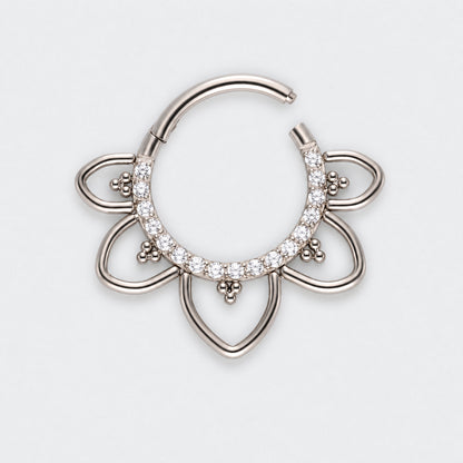 Floral CZ Front Facing Paved Segment Clicker Ring in Silver - Titanium
